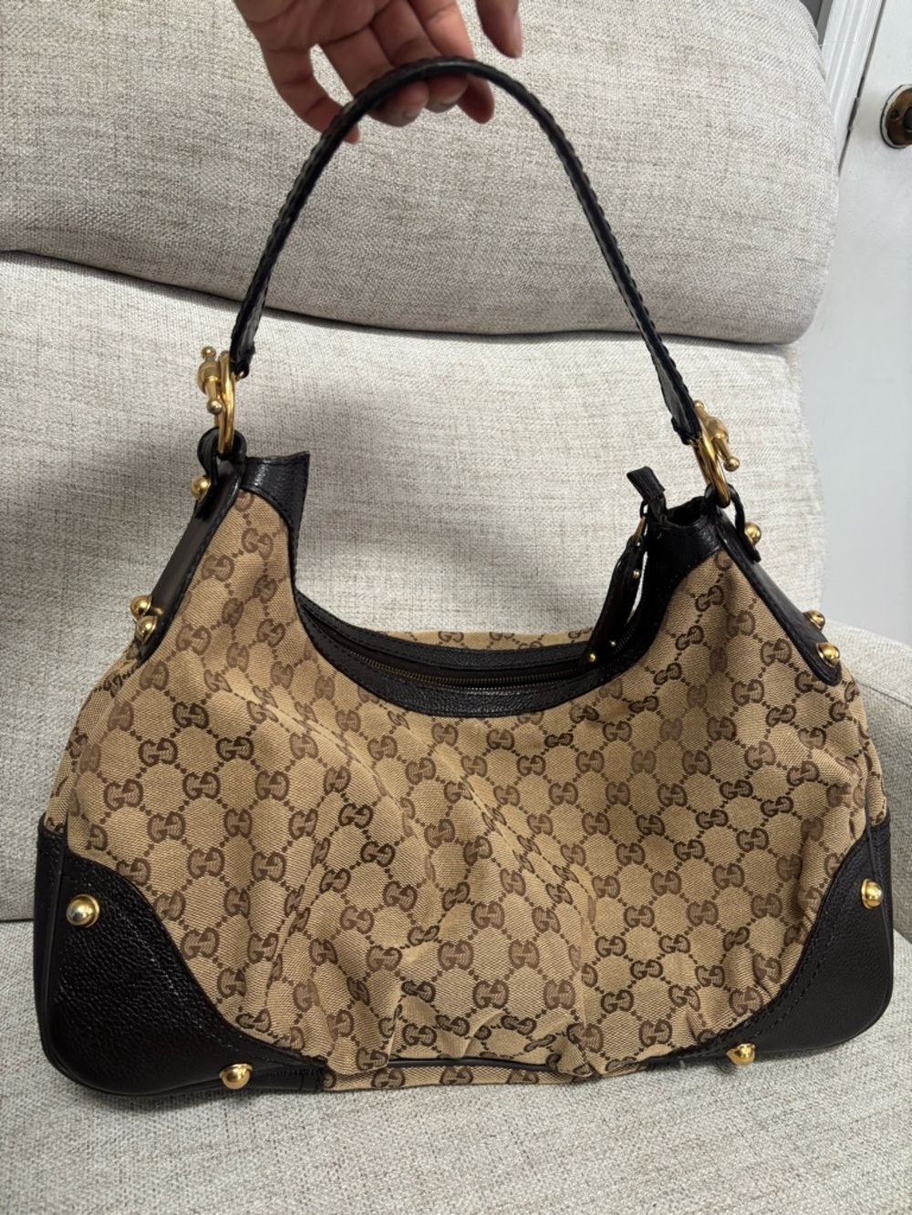 Gucci monogram jockey Canvas Shoulder Bag with Dark Brown Leather Trim